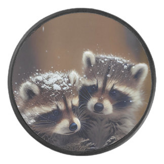 Baby Raccoons Huddle in Falling Snow Hockey Puck