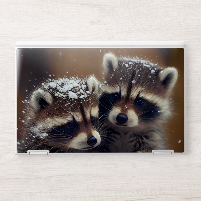 Baby Raccoons Huddle in Falling Snow HP Laptop Skin (Front)