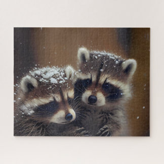 Baby Raccoons Huddle in Falling Snow Jigsaw Puzzle