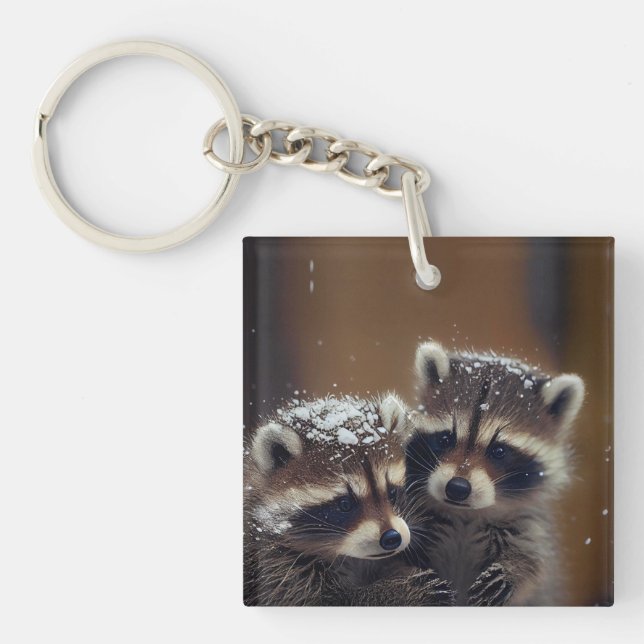 Baby Raccoons Huddle in Falling Snow Keychain (Front)