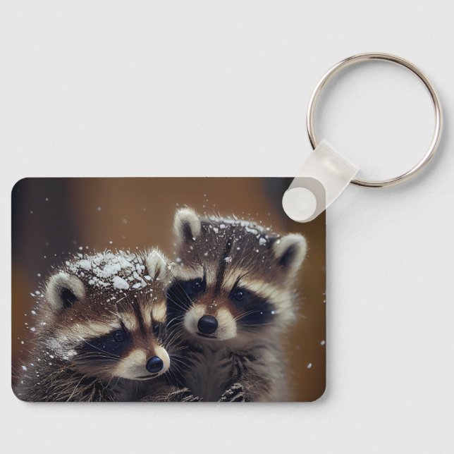Baby Raccoons Huddle in Falling Snow Keychain (Front)