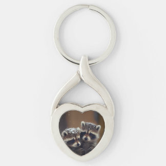 Baby Raccoons Huddle in Falling Snow Keychain