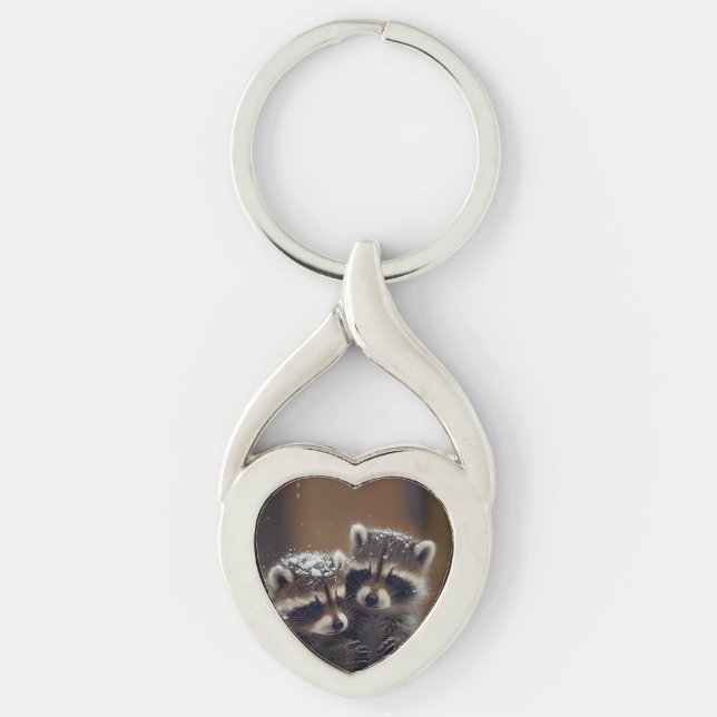 Baby Raccoons Huddle in Falling Snow Keychain (Front)