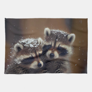 Baby Raccoons Huddle in Falling Snow Kitchen Towel