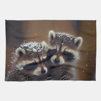 Baby Raccoons Huddle in Falling Snow Kitchen Towel