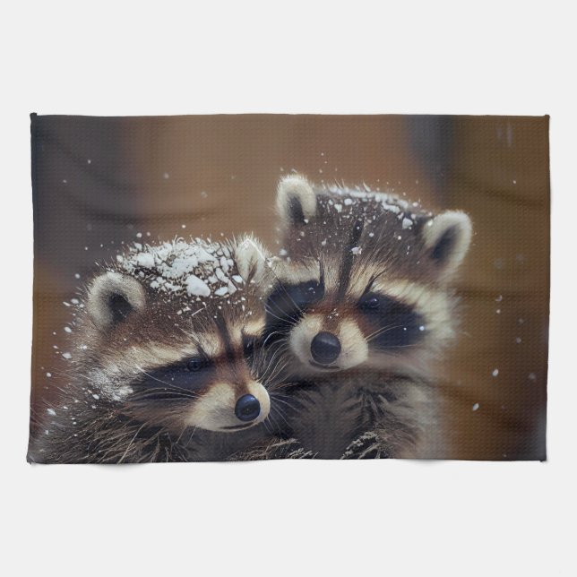 Baby Raccoons Huddle in Falling Snow Kitchen Towel (Horizontal)