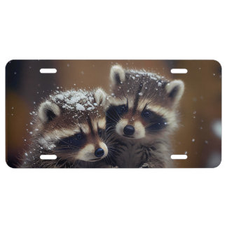 Baby Raccoons Huddle in Falling Snow License Plate