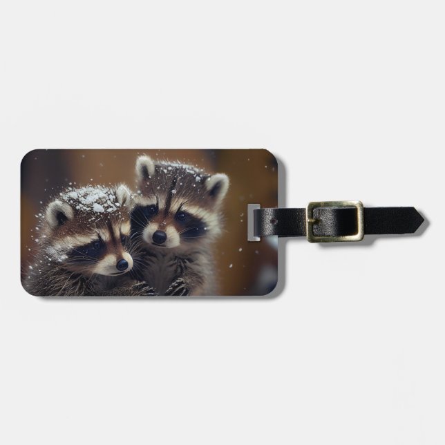 Baby Raccoons Huddle in Falling Snow Luggage Tag (Front Horizontal)