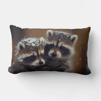 Baby Raccoons Huddle in Falling Snow Lumbar Pillow