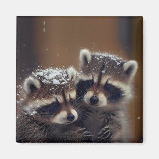 Baby Raccoons Huddle in Falling Snow Magnet