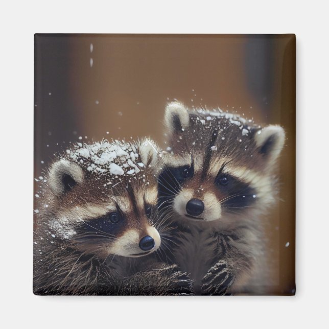 Baby Raccoons Huddle in Falling Snow Magnet (Front)