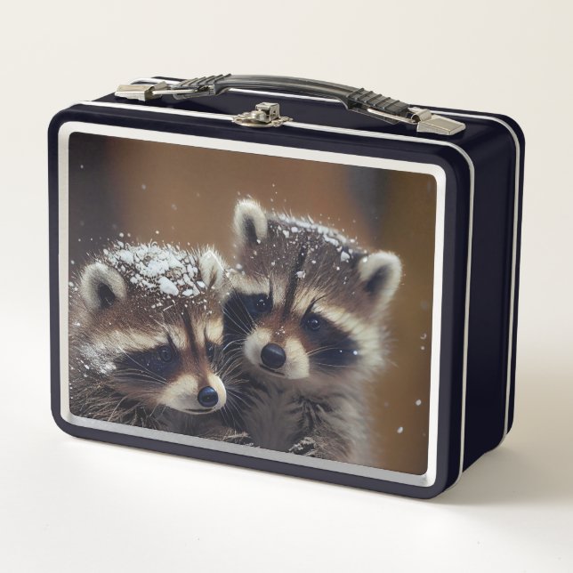 Baby Raccoons Huddle in Falling Snow Metal Lunch Box (Front)