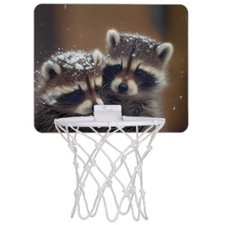 Baby Raccoons Huddle in Falling Snow Mini Basketball Hoop