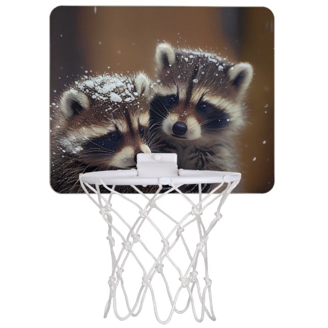 Baby Raccoons Huddle in Falling Snow Mini Basketball Hoop (Front)