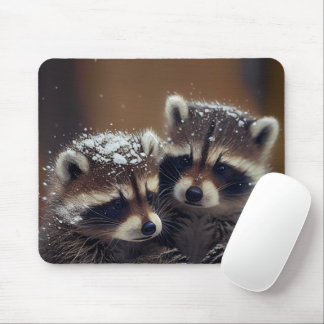 Baby Raccoons Huddle in Falling Snow Mouse Pad