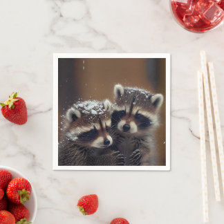 Baby Raccoons Huddle in Falling Snow Napkins