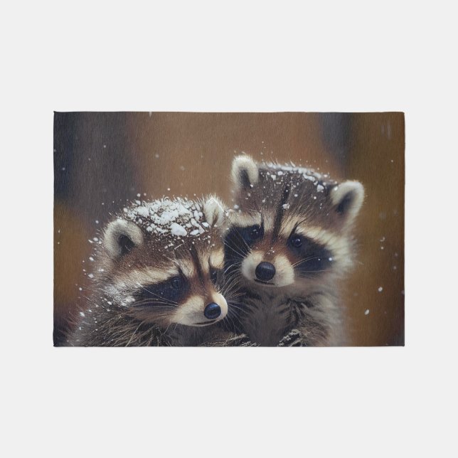 Baby Raccoons Huddle in Falling Snow Outdoor Rug (Front)
