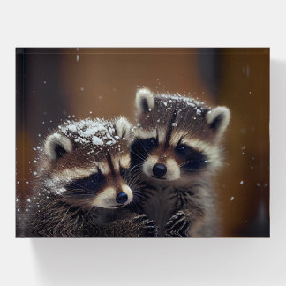 Baby Raccoons Huddle in Falling Snow Paperweight