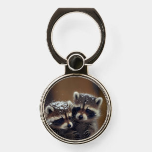 Baby Raccoons Huddle in Falling Snow Phone Ring Stand