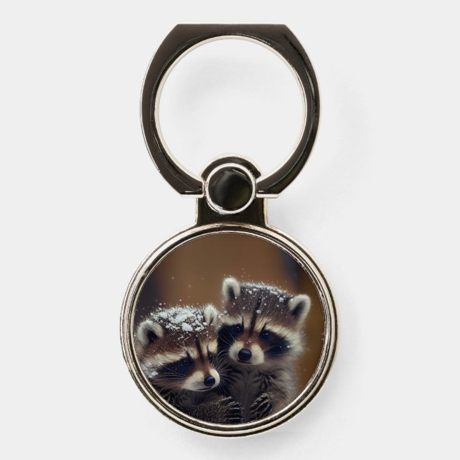 Baby Raccoons Huddle in Falling Snow Phone Ring Stand (Front)