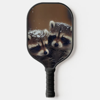 Baby Raccoons Huddle in Falling Snow Pickleball Paddle