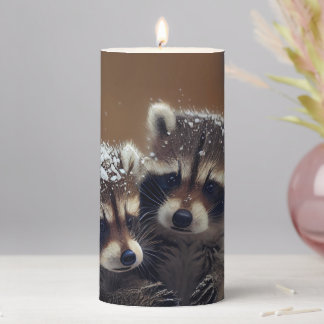 Baby Raccoons Huddle in Falling Snow Pillar Candle