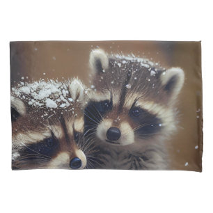 Baby Raccoons Huddle in Falling Snow Pillow Case