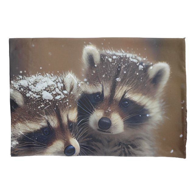 Baby Raccoons Huddle in Falling Snow Pillow Case (Front)