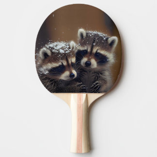 Baby Raccoons Huddle in Falling Snow Ping Pong Paddle