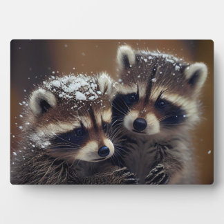 Baby Raccoons Huddle in Falling Snow Plaque