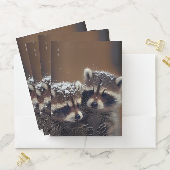 Baby Raccoons Huddle in Falling Snow Pocket Folder (In Situ)
