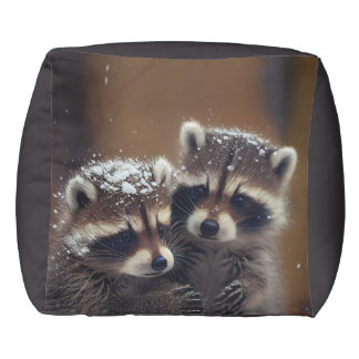 Baby Raccoons Huddle in Falling Snow Pouf