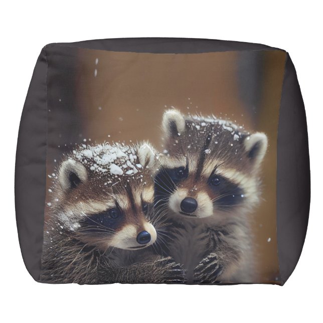Baby Raccoons Huddle in Falling Snow Pouf (Back)
