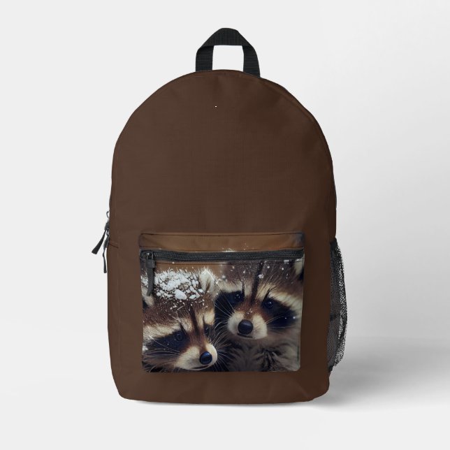 Baby Raccoons Huddle in Falling Snow Printed Backpack (Front)