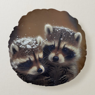 Baby Raccoons Huddle in Falling Snow Round Pillow