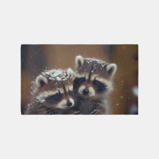 Baby Raccoons Huddle in Falling Snow Rug