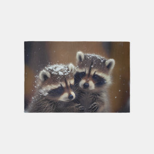 Baby Raccoons Huddle in Falling Snow Rug