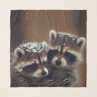 Baby Raccoons Huddle in Falling Snow Scarf