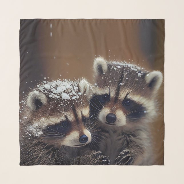 Baby Raccoons Huddle in Falling Snow Scarf (Front)