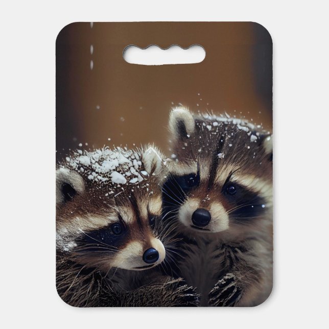 Baby Raccoons Huddle in Falling Snow Seat Cushion (Front Vertical)