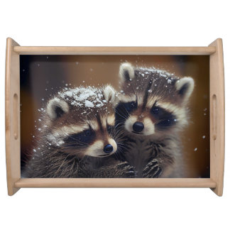 Baby Raccoons Huddle in Falling Snow Serving Tray