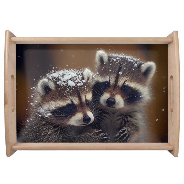 Baby Raccoons Huddle in Falling Snow Serving Tray (Front)