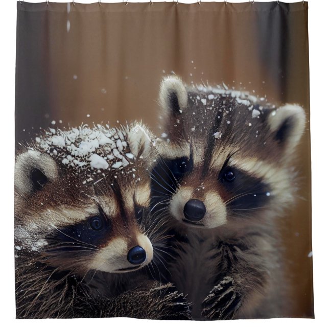 Baby Raccoons Huddle in Falling Snow Shower Curtain (Front)