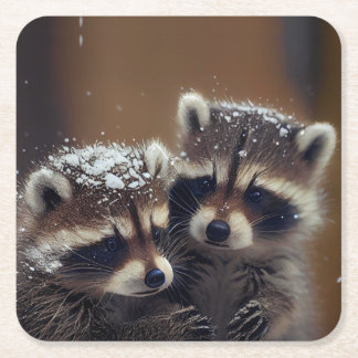 Baby Raccoons Huddle in Falling Snow Square Paper Coaster