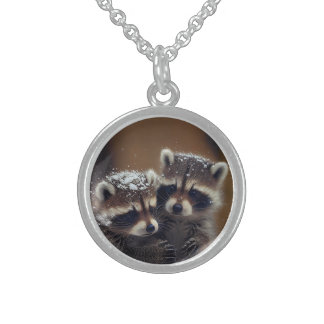 Baby Raccoons Huddle in Falling Snow Sterling Silver Necklace