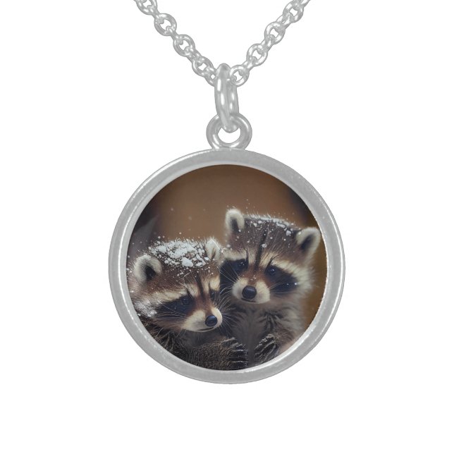 Baby Raccoons Huddle in Falling Snow Sterling Silver Necklace (Front)