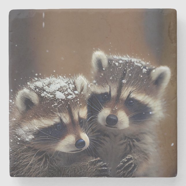 Baby Raccoons Huddle in Falling Snow Stone Coaster (Front)