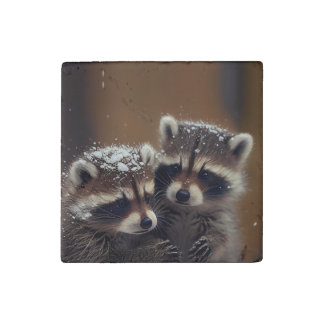 Baby Raccoons Huddle in Falling Snow Stone Magnet