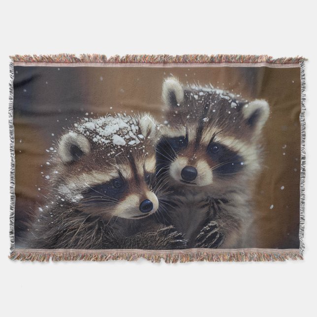 Baby Raccoons Huddle in Falling Snow Throw Blanket (Front)