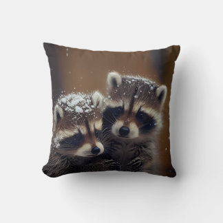 Baby Raccoons Huddle in Falling Snow Throw Pillow
